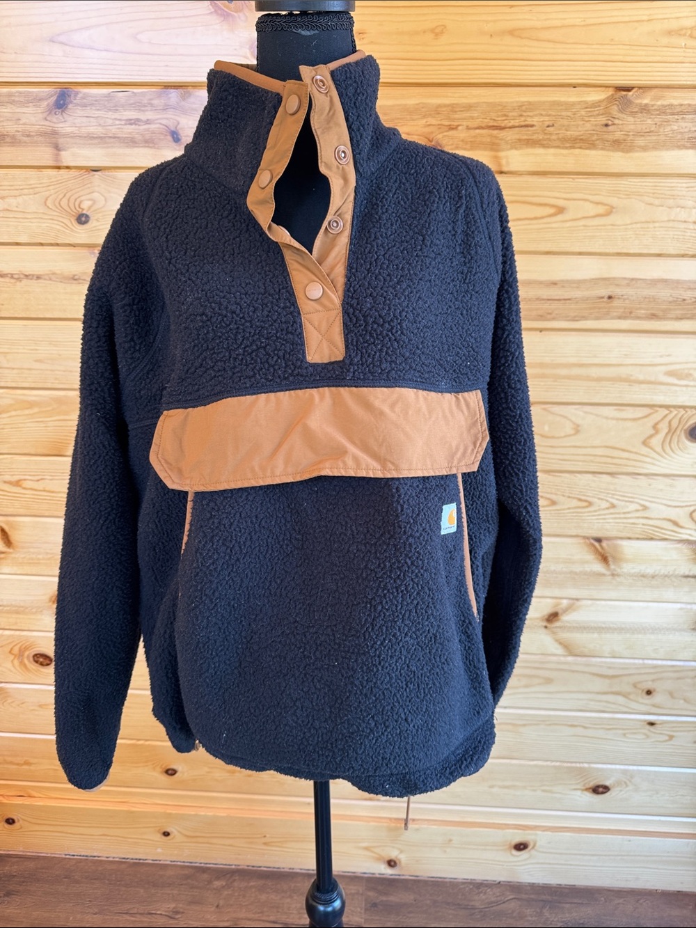 Carhartt Men’s Black Sherpa Zip Pullover with Brown Accents